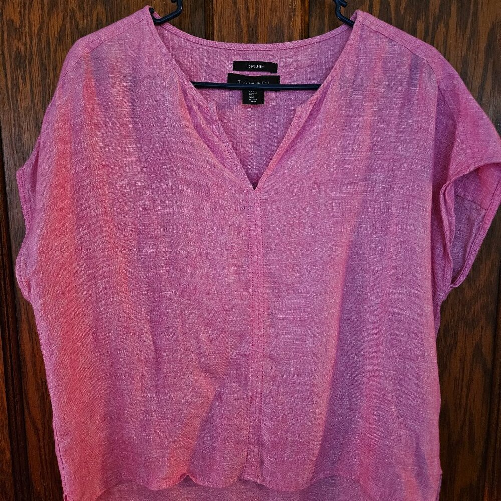 TAHARI Women’s 100% Linen Shirt Salmon Red Pop Over short Sleeve Lagenlook Relax